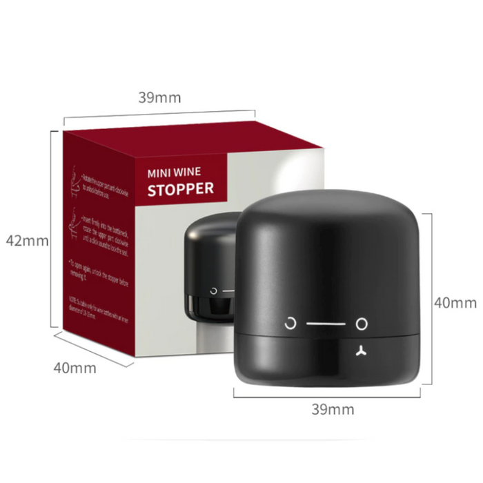 Vacuum Sealed Wine and Champagne Bottle Stopper: black, dark gray rotary latch/cap mechanism, minimal modern style