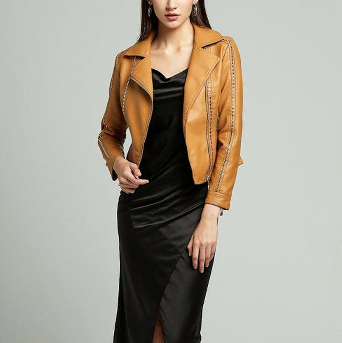 Vegan Biker Jacket with Stud Embellishments for Women: black jacket, biker moto style