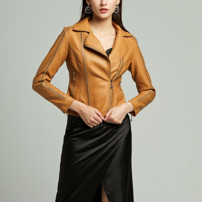 Vegan Biker Jacket with Stud Embellishments for Women: black jacket, biker moto style