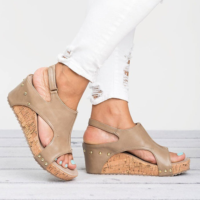 Vegan Cork Wedge Sandals for Women: taupe beige, cork brown wedge sandals, casual boho style