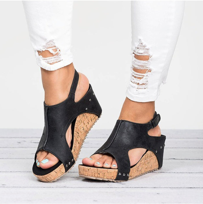 Vegan Cork Wedge Sandals for Women: taupe beige, cork brown wedge sandals, casual boho style