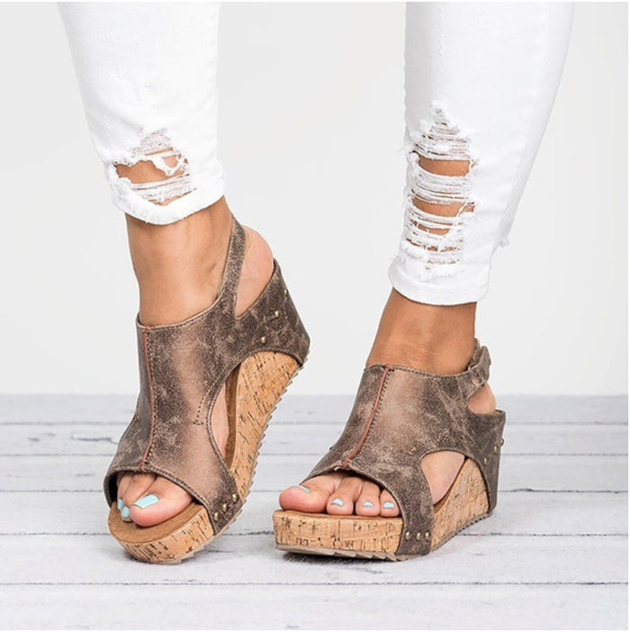 Vegan Cork Wedge Sandals for Women: taupe beige, cork brown wedge sandals, casual boho style