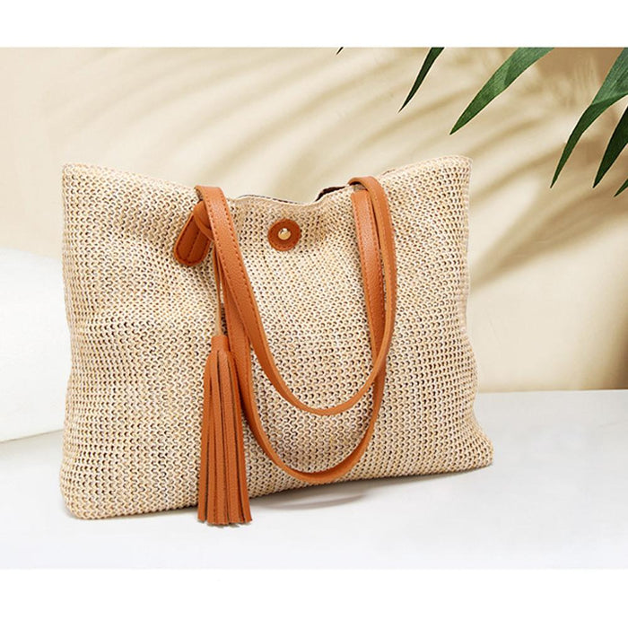 Vegan Leather Accented Tote Bag with Tassel: beige, tan/caramel brown handbag/tote bag, bohemian casual style