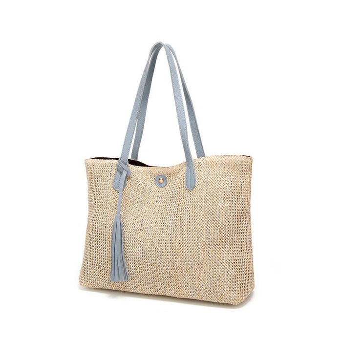 Vegan Leather Accented Tote Bag with Tassel: beige, tan/caramel brown handbag/tote bag, bohemian casual style