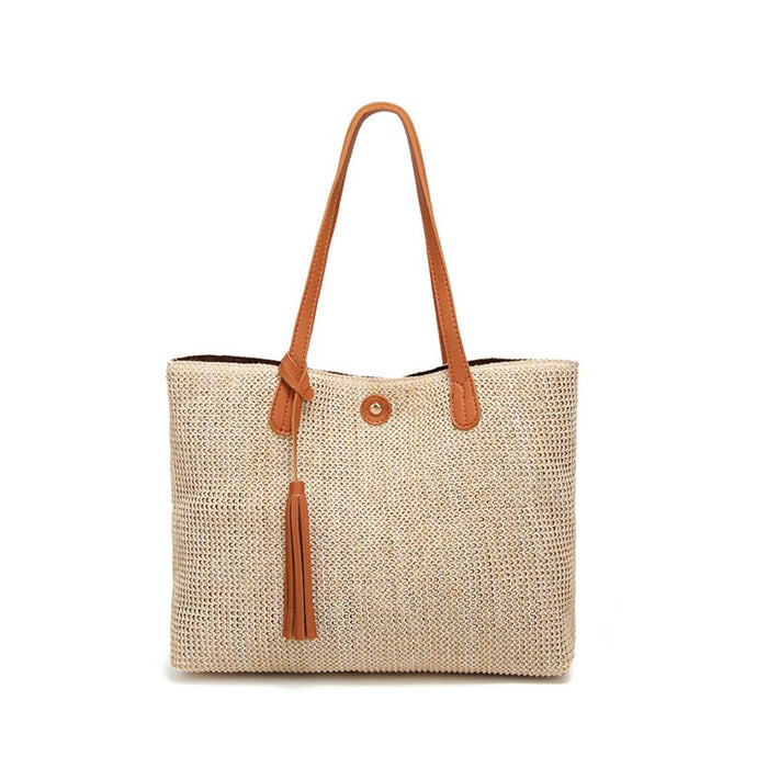 Vegan Leather Accented Tote Bag with Tassel: beige, tan/caramel brown handbag/tote bag, bohemian casual style