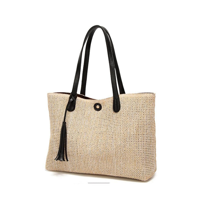 Vegan Leather Accented Tote Bag with Tassel: beige, tan/caramel brown handbag/tote bag, bohemian casual style