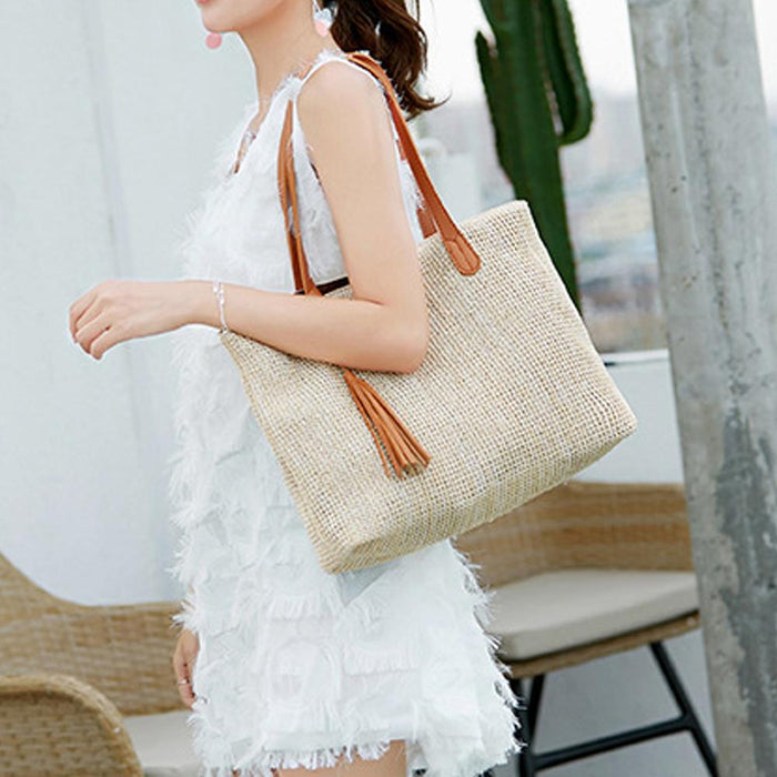 Vegan Leather Accented Tote Bag with Tassel: beige, tan/caramel brown handbag/tote bag, bohemian casual style
