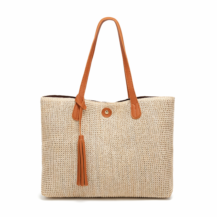 Vegan Leather Accented Tote Bag with Tassel Tan