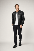 Vegan Leather Biker Jacket with Round Neck Zipper for Men Black