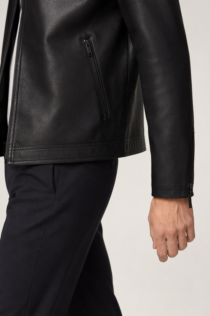 Vegan Leather Biker Jacket with Round Neck Zipper for Men Black