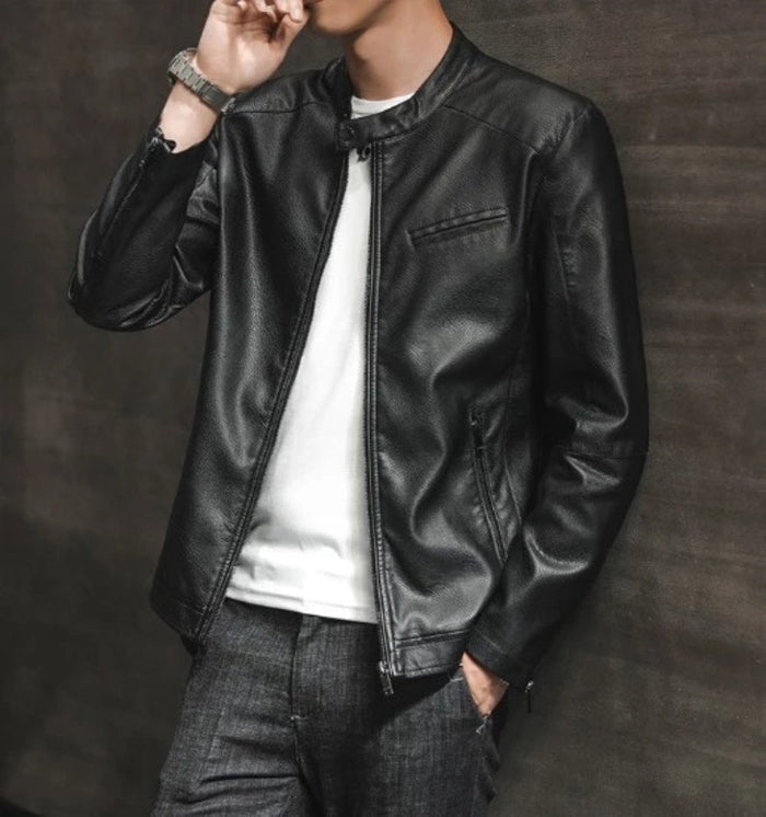 Vegan Leather Biker Jacket with Round Neck Zipper for Men: black jacket, minimal biker-inspired style