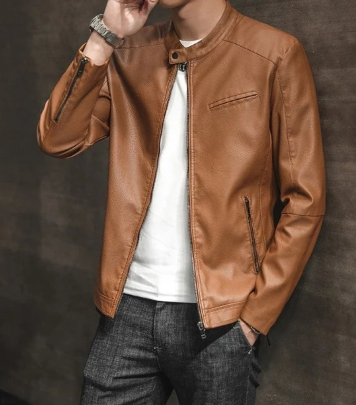 Vegan Leather Biker Jacket with Round Neck Zipper for Men: black jacket, minimal biker-inspired style