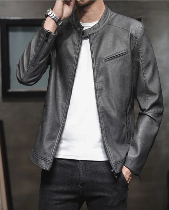 Vegan Leather Biker Jacket with Round Neck Zipper for Men: black jacket, minimal biker-inspired style