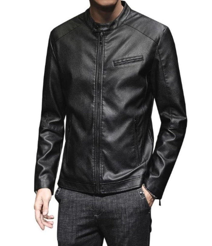 Vegan Leather Biker Jacket with Round Neck Zipper for Men: black jacket, minimal biker-inspired style
