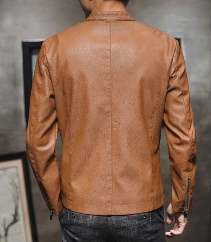 Vegan Leather Biker Jacket with Round Neck Zipper for Men: black jacket, minimal biker-inspired style
