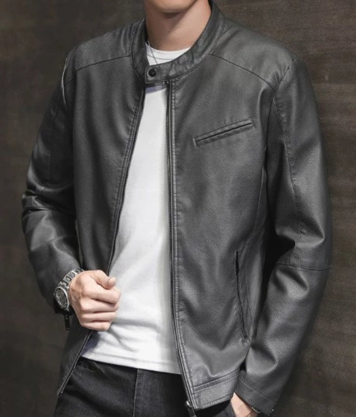 Vegan Leather Biker Jacket with Round Neck Zipper for Men: black jacket, minimal biker-inspired style