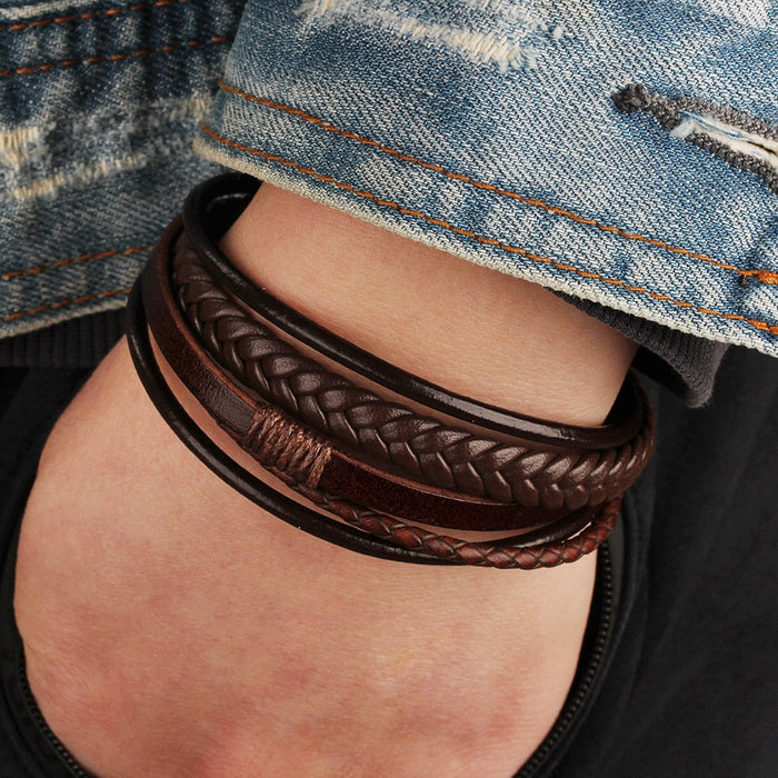 Vegan Leather Bracelet with a Layered Appearance: dark brown, brown wrap bracelet, casual, rustic style