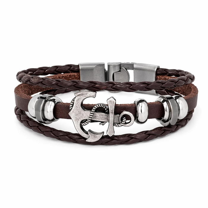 Vegan Leather Bracelet with Multi Layers and Anchor Silver