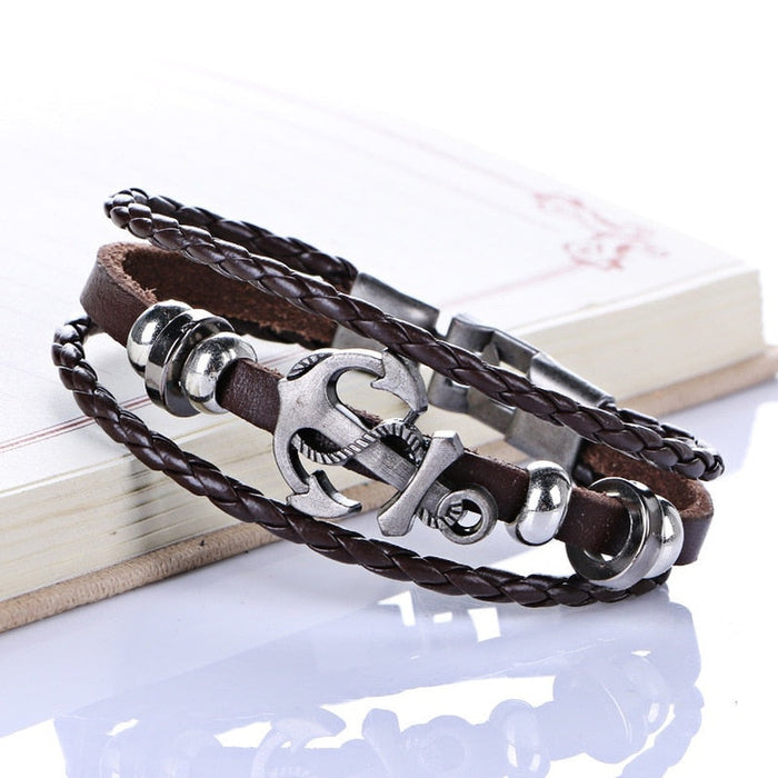 Vegan Leather Bracelet with Multi Layers and Anchor: dark brown, silver anchor, nautical, casual style
