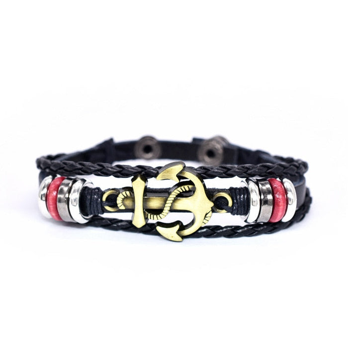 Vegan Leather Bracelet with Multi Layers and Anchor: dark brown, silver anchor, nautical, casual style