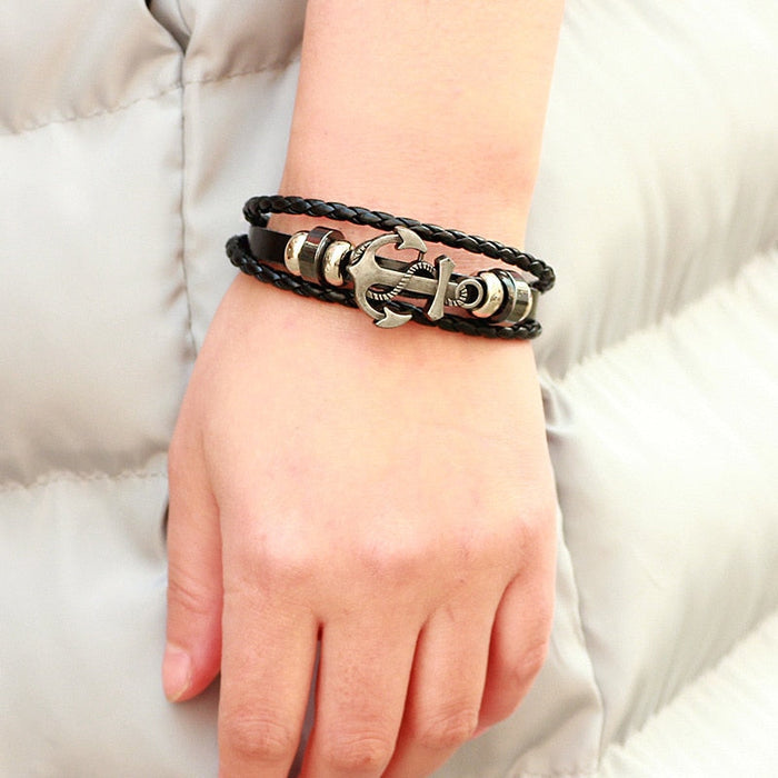 Vegan Leather Bracelet with Multi Layers and Anchor: dark brown, silver anchor, nautical, casual style