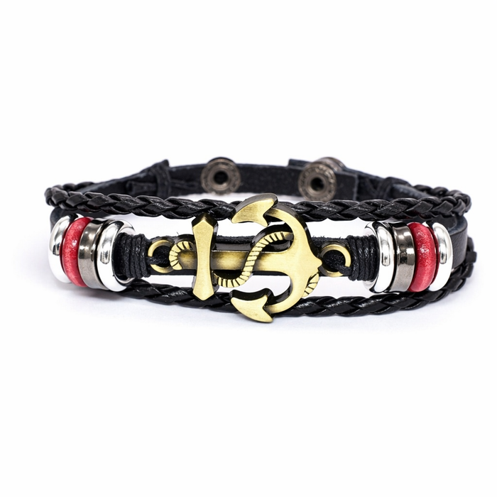 Vegan Leather Bracelet with Multi Layers and Anchor Gold