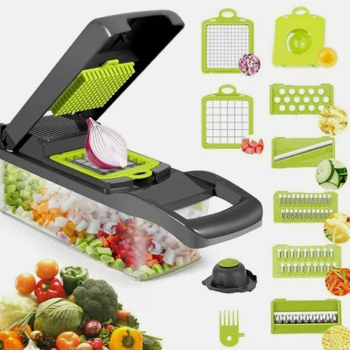 Vegetable and Fruit Slicer with Multi-Purpose Functionality and Convenient Food Storage: black, lime green manual vegetable c