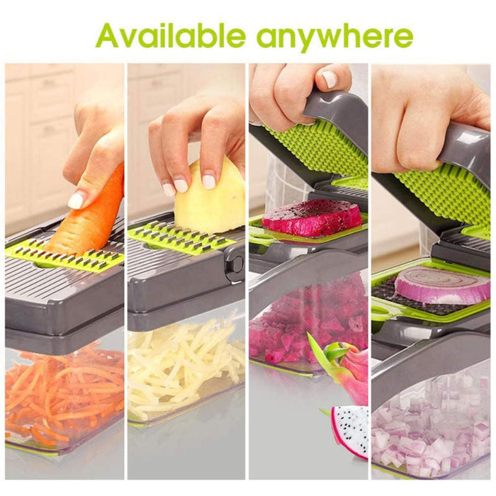 Vegetable and Fruit Slicer with Multi-Purpose Functionality and Convenient Food Storage: black, lime green manual vegetable c