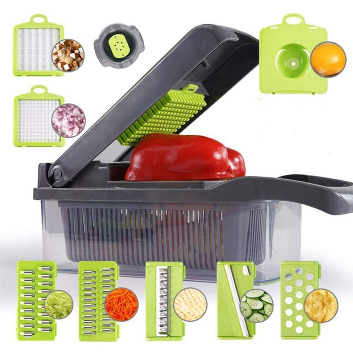 Vegetable and Fruit Slicer with Multi-Purpose Functionality and Convenient Food Storage: black, lime green manual vegetable c