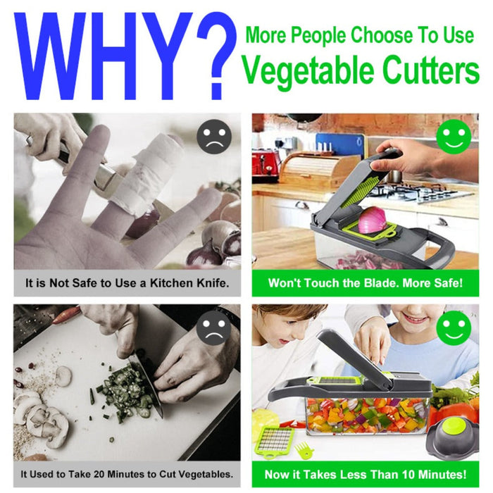 Vegetable and Fruit Slicer with Multi-Purpose Functionality and Convenient Food Storage: black, lime green manual vegetable c