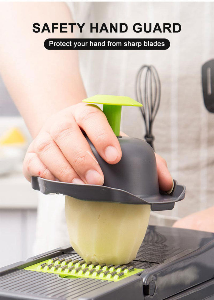 Vegetable and Fruit Slicer with Multi-Purpose Functionality and Convenient Food Storage: black, lime green manual vegetable c