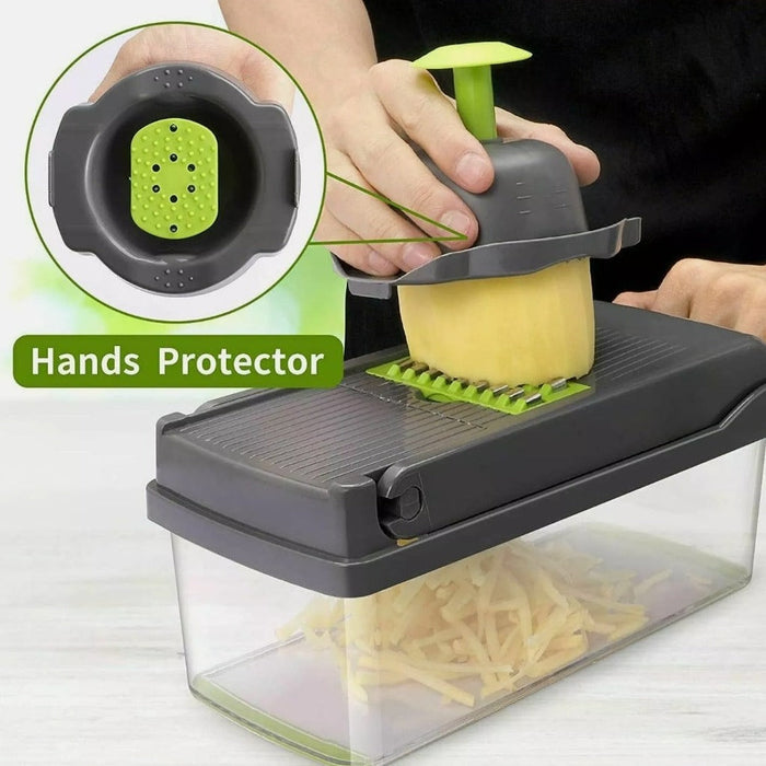 Vegetable and Fruit Slicer with Multi-Purpose Functionality and Convenient Food Storage: black, lime green manual vegetable c