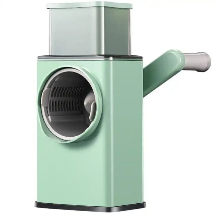 Vegetable Slicer Manual Rolling: mint green, light gray hand-crank grater/shredder, minimal modern style