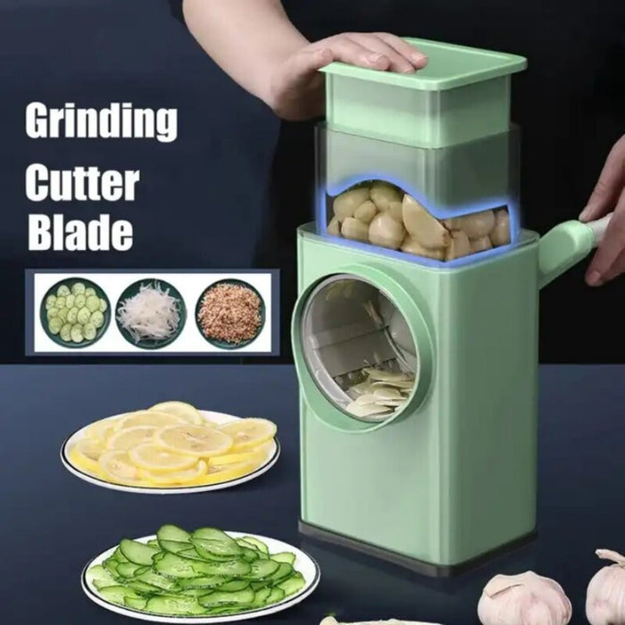 Vegetable Slicer Manual Rolling: mint green, light gray hand-crank grater/shredder, minimal modern style