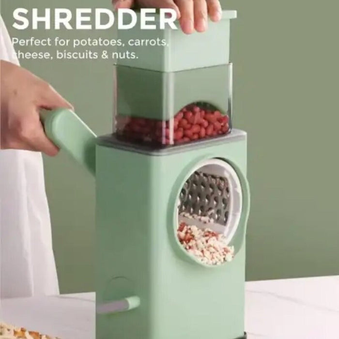 Vegetable Slicer Manual Rolling: mint green, light gray hand-crank grater/shredder, minimal modern style