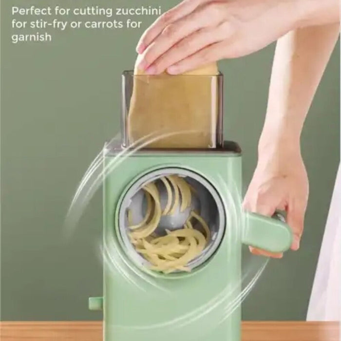 Vegetable Slicer Manual Rolling: mint green, light gray hand-crank grater/shredder, minimal modern style