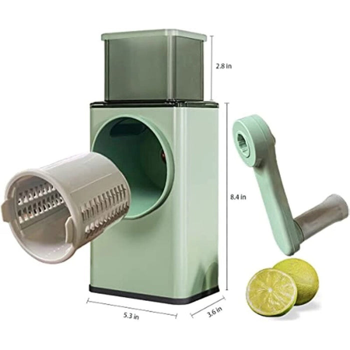 Vegetable Slicer Manual Rolling: mint green, light gray hand-crank grater/shredder, minimal modern style