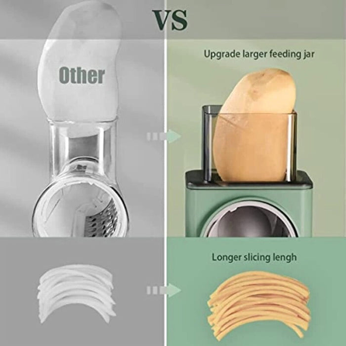 Vegetable Slicer Manual Rolling: mint green, light gray hand-crank grater/shredder, minimal modern style