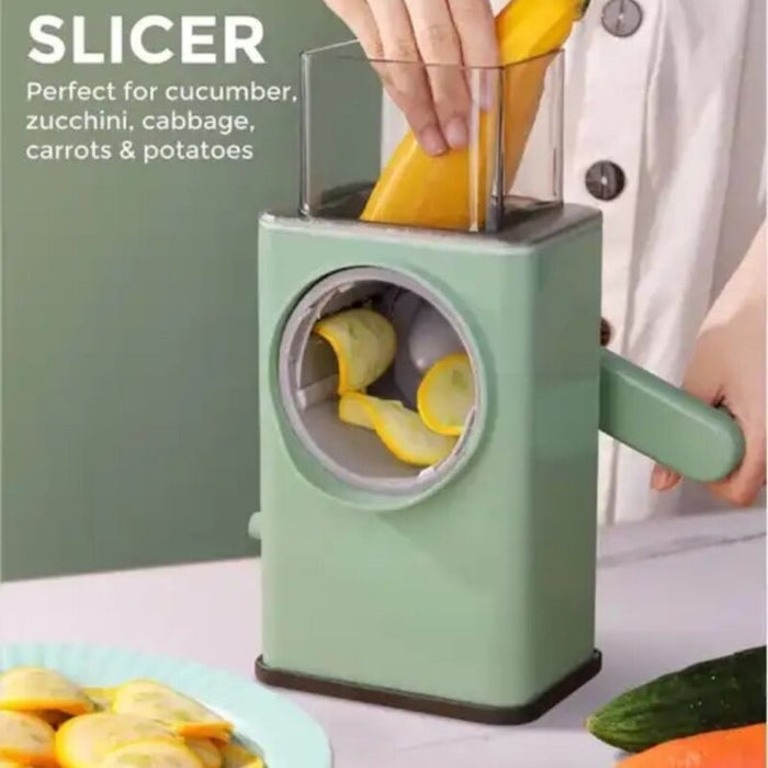 Vegetable Slicer Manual Rolling: mint green, light gray hand-crank grater/shredder, minimal modern style