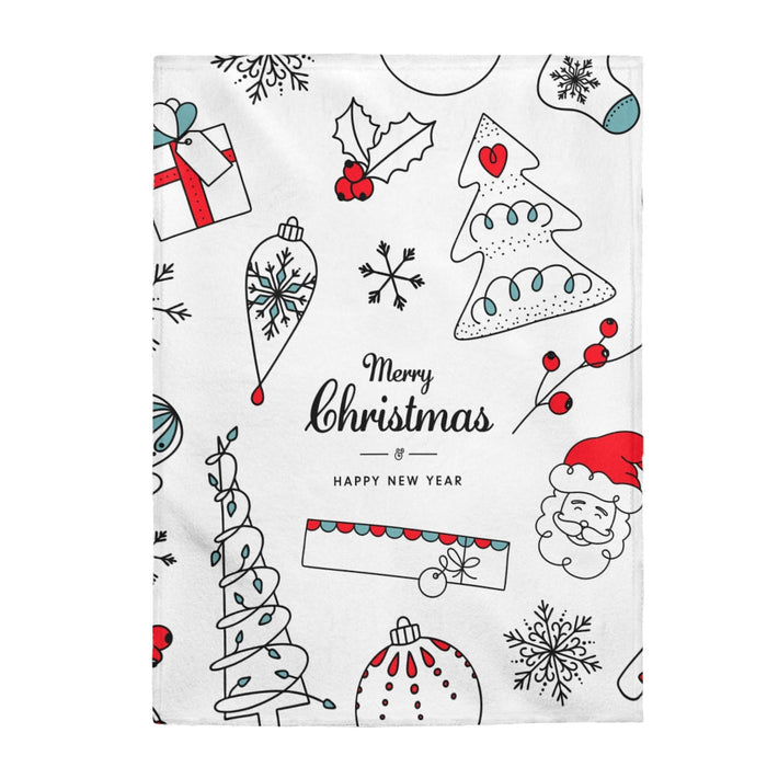 Velveteen Plush Blanket with a Festive Holiday Design: white, black festive holiday doodles including snowmen, ornaments, sno