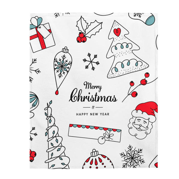 Velveteen Plush Blanket with a Festive Holiday Design: white, black festive holiday doodles including snowmen, ornaments, sno
