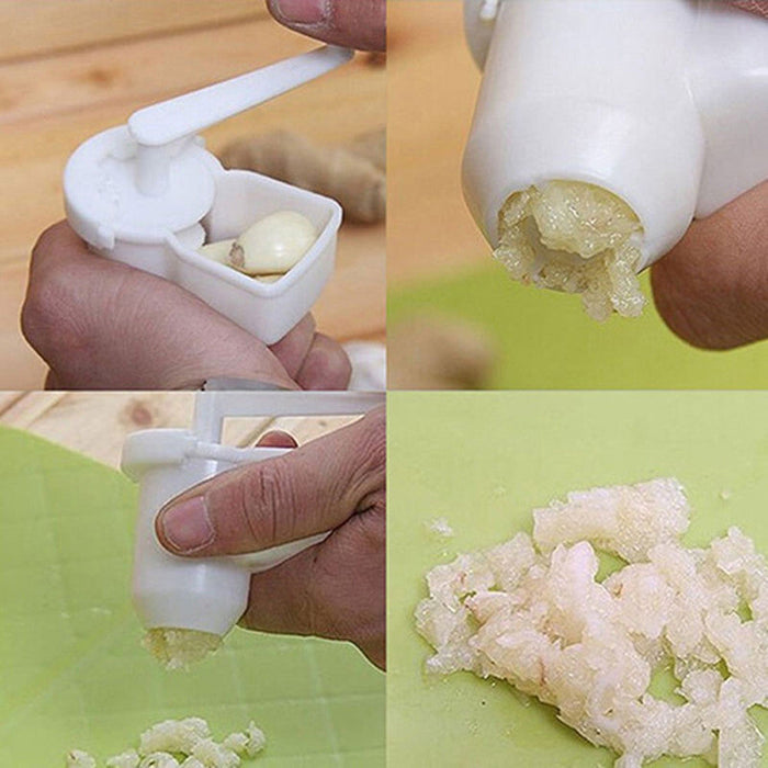 Versatile Garlic and Ginger Mincer 3-in-1: white, silver disassembled white plastic cleaning tool or container parts being ri