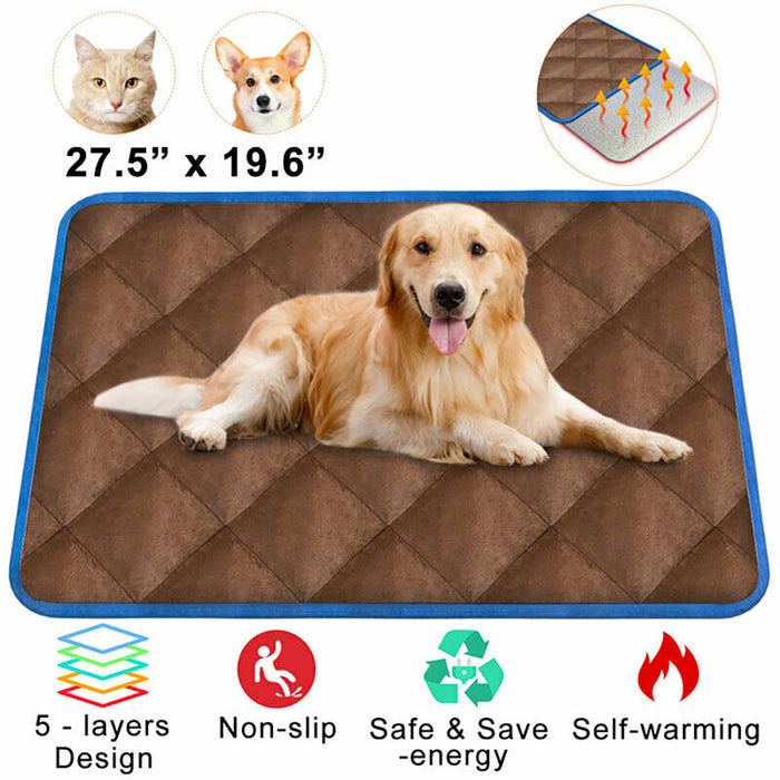 Versatile Self-Warming Pet Bed with Thermal Technology: brown, blue dog and cat, minimal product advertisement style
