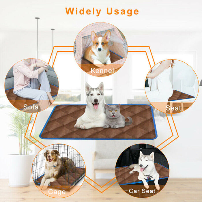 Versatile Self-Warming Pet Bed with Thermal Technology: brown, blue dog and cat, minimal product advertisement style