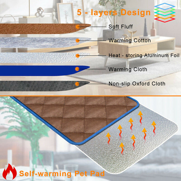 Versatile Self-Warming Pet Bed with Thermal Technology: brown, blue dog and cat, minimal product advertisement style