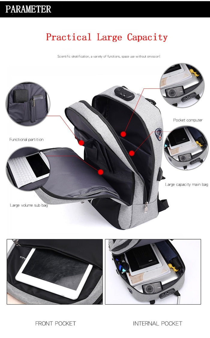 Versatile Shockproof Backpack with USB and Audio Jack: black, light gray backpack, minimal modern style