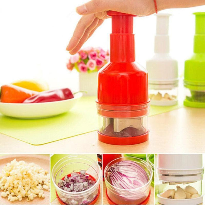 Versatile Vegetable Cutter with Multiple Functions: red, clear manual food chopper, minimal kitchen tool style