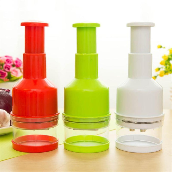Versatile Vegetable Cutter with Multiple Functions: red, clear manual food chopper, minimal kitchen tool style
