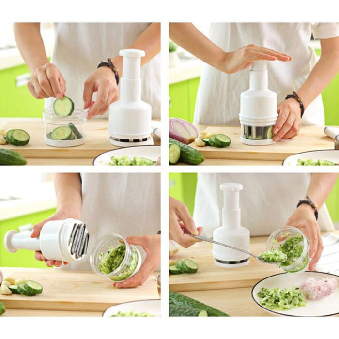 Versatile Vegetable Cutter with Multiple Functions: red, clear manual food chopper, minimal kitchen tool style