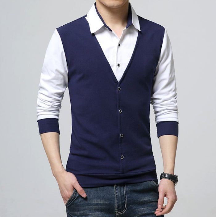 Vest-Enhanced Men's Layered Shirt: navy blue, white long-sleeve shirt with attached-looking button-front vest panel, casual s